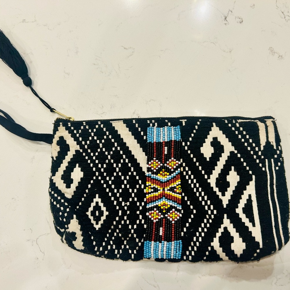 Beaded Tapestry zipper clutch with tassel